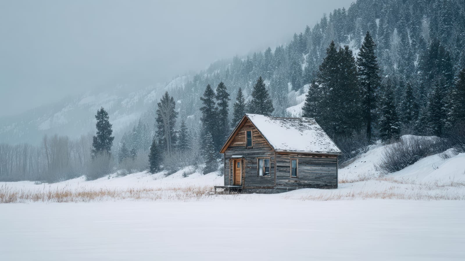 Cabaña de madera en la nieve al pie de un bosque de pinos